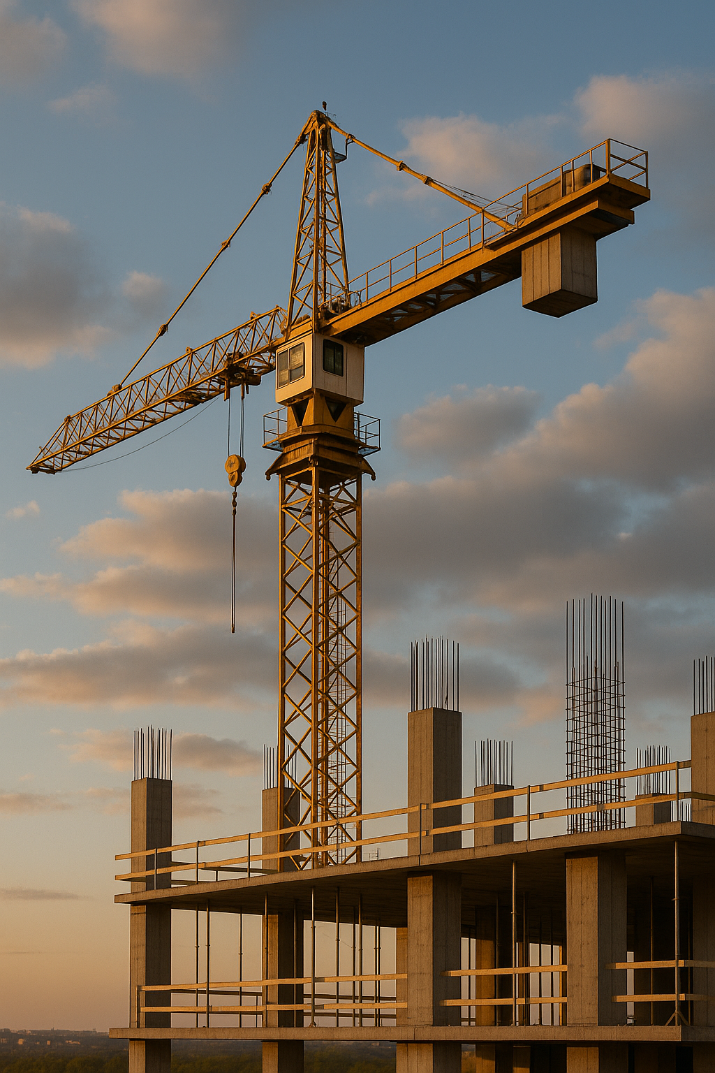 Silhouet van een hijskraan bij een gebouw in aanbouw